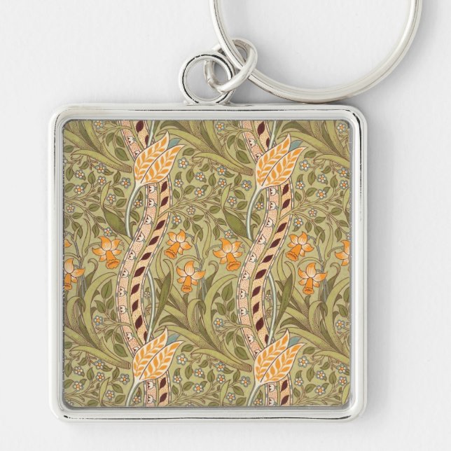 William Morris Narcissus Trädgård Blomma Klassisk  Fyrkantig Silverfärgad Nyckelring (Framsidan)