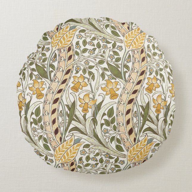 William Morris Narcissus Trädgård Blomma Klassisk  Rund Kudde (Framsidan)