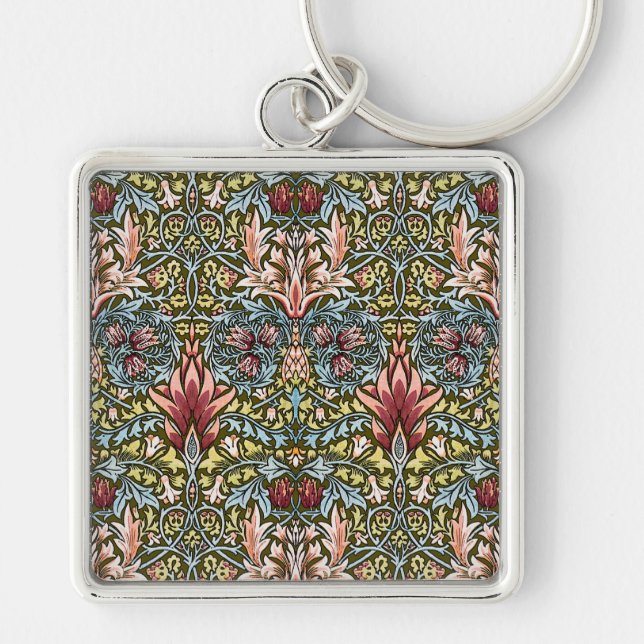 William Morris Ormhuvud Blommönster Fyrkantig Silverfärgad Nyckelring (Framsidan)