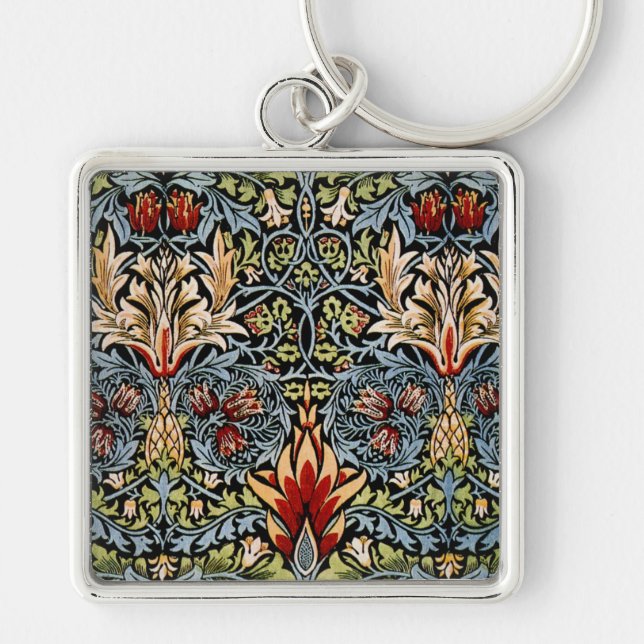 William Morris Ormhuvud Blommönster Fyrkantig Silverfärgad Nyckelring (Framsidan)