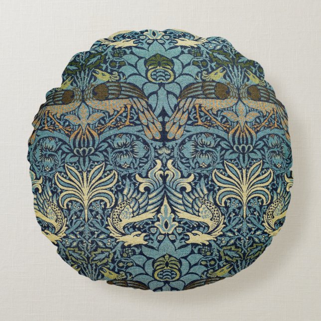 William Morris Påfågel och Drakvävt Mönster Rund Kudde (Framsidan)