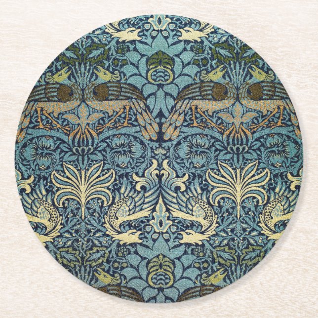 William Morris Påfågel och Drakvävt Mönster Underlägg Papper Rund (Framsidan)