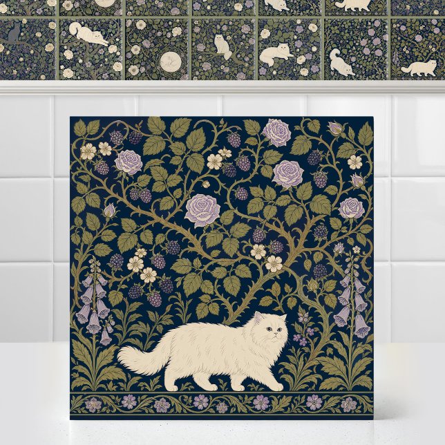 William Morris Persisk Katt Baslinje Baldakin Bowe Kakelplatta (Antique Art Nouveau Mural Pattern William Morris Persian Cat Baseline Canopy Bower Ceramic Tile)