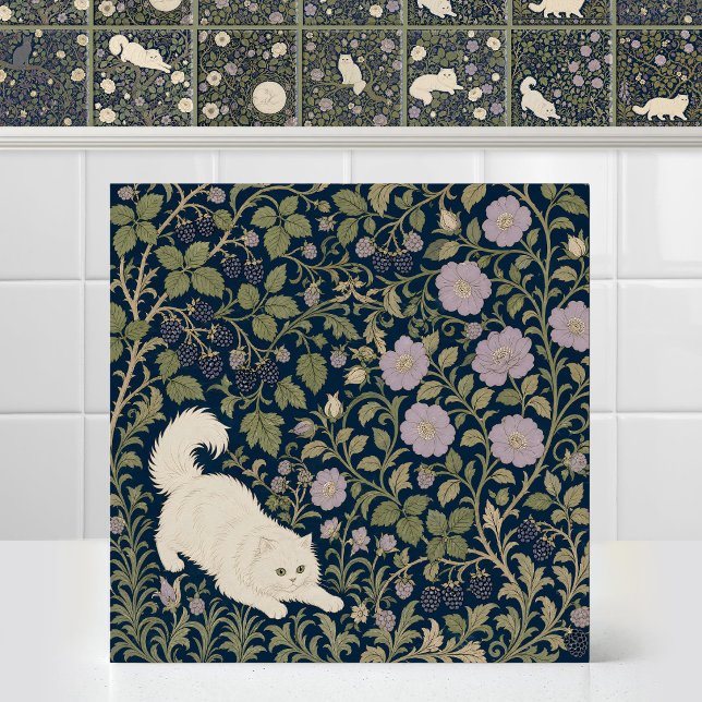 William Morris Persisk Katt Lekfullt Hopp Bower Kakelplatta (Antique Art Nouveau Mural Pattern William Morris Persian Cat Playful Pounce Bower Ceramic Tile)