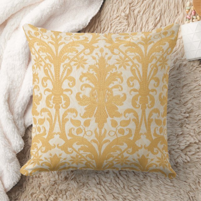 William Morris Pil och Guld Damast Lyxig Kudde (Filt)