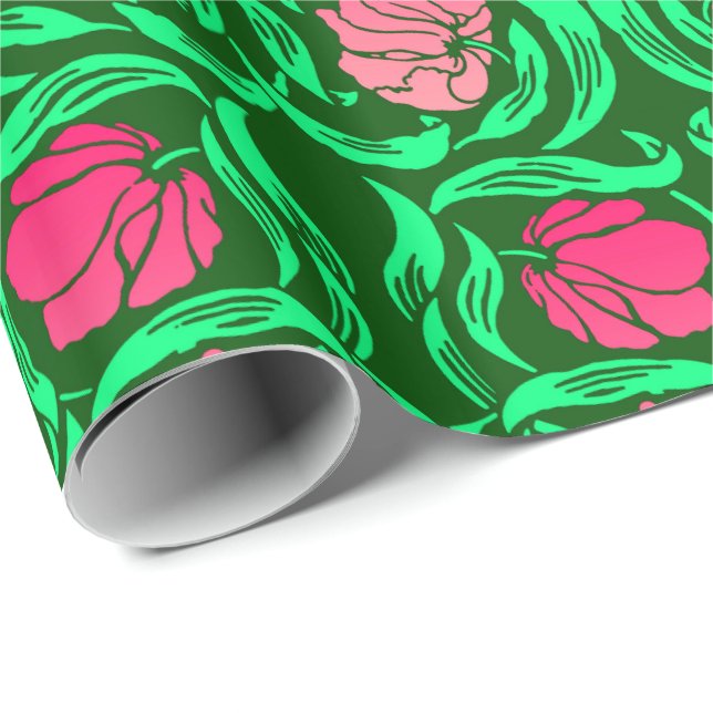 William Morris Pimpernel, Coral Rosa och Grönt Presentpapper (Rullad Hörn)