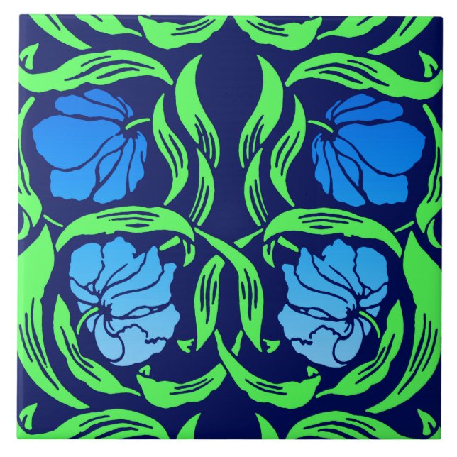 William Morris Pimpernel, koboltblått och grönt Kakelplatta (Framsidan)