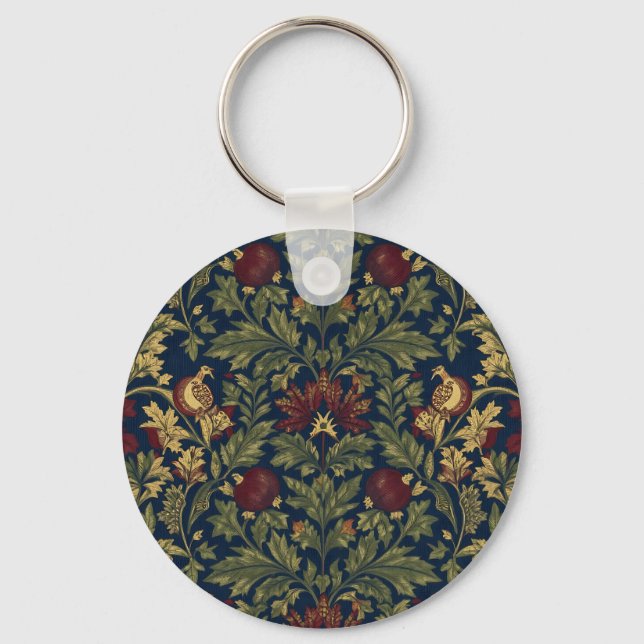 William Morris Pomegranate Blommig Marinblå Mönste Nyckelring (Framsida)