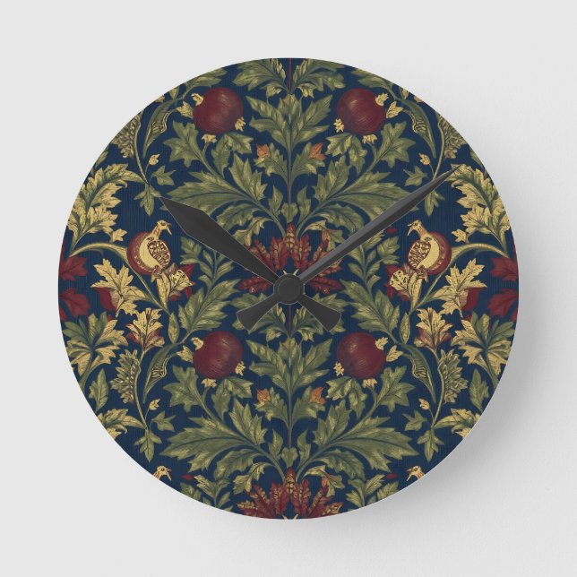 William Morris Pomegranate Blommig Marinblå Mönste Rund Klocka (Framsida)