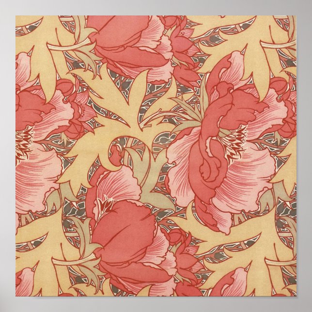 William Morris Poppies Blommigt Art nouveau Mönste Poster (Framsidan)