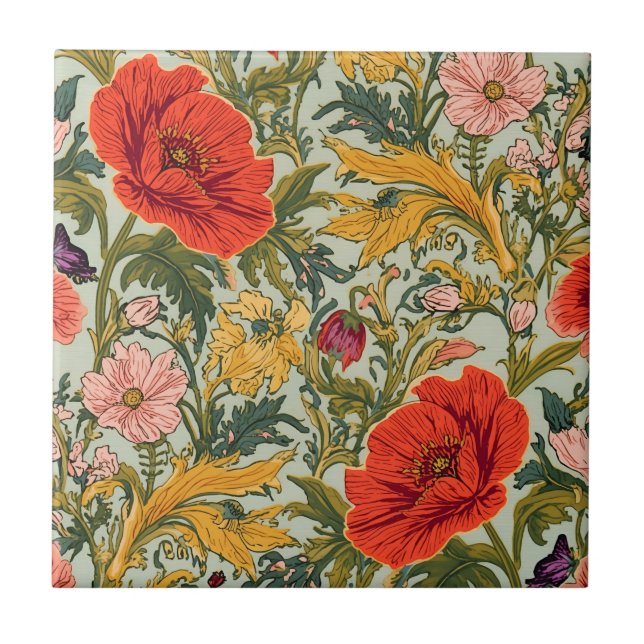 William Morris Poppies Floral Art Nouveau Pattern  Kakelplatta (Framsidan)