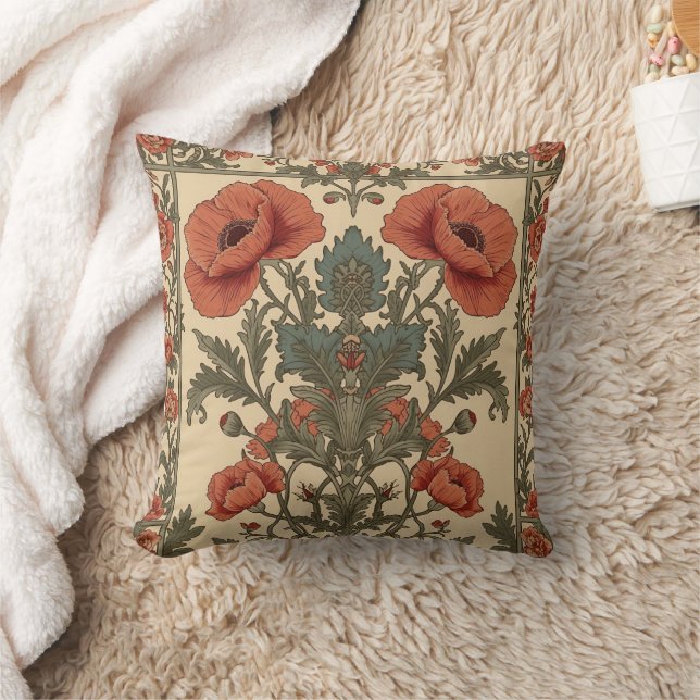 William Morris Poppies Floral Art Nouveau Pattern  Kudde (Filt)