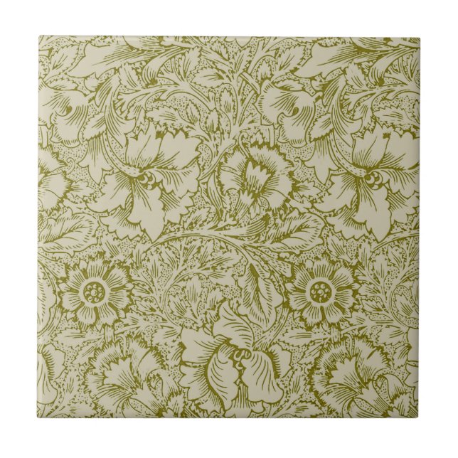 William Morris Poppy Classic Blommigt Grönt Kakelplatta (Framsidan)