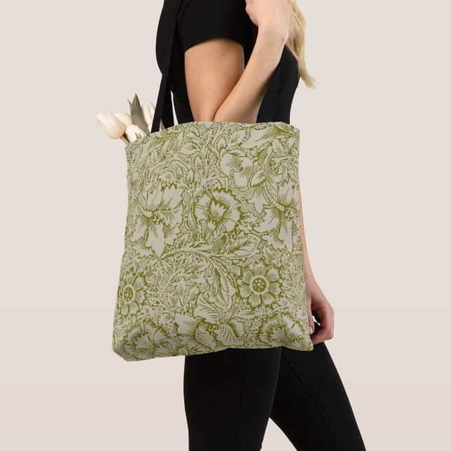 William Morris Poppy Classic Blommigt Grönt Tygkasse (Närbild)