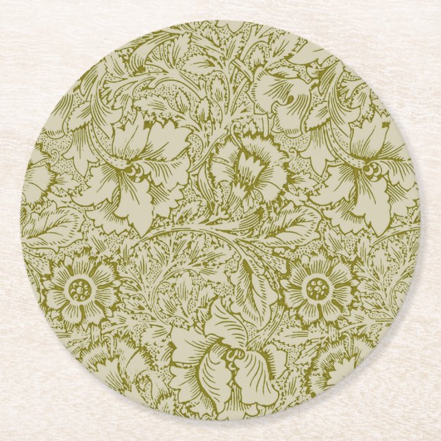 William Morris Poppy Classic Blommigt Grönt Underlägg Papper Rund (Framsidan)