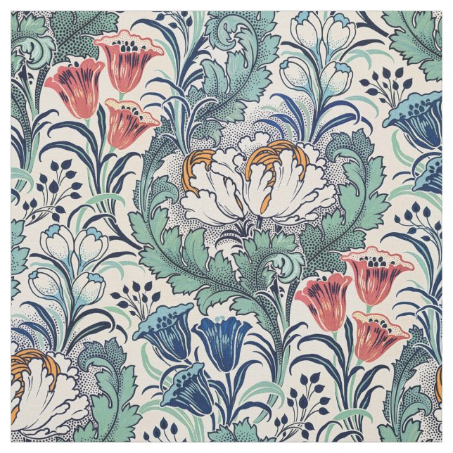 William Morris Red Blue Teal Blommönster Tyg (Provkarta)