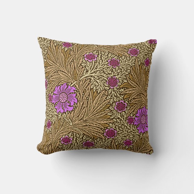 William Morris ringblomma, brunt, beige och Violet Kudde (Framsida)