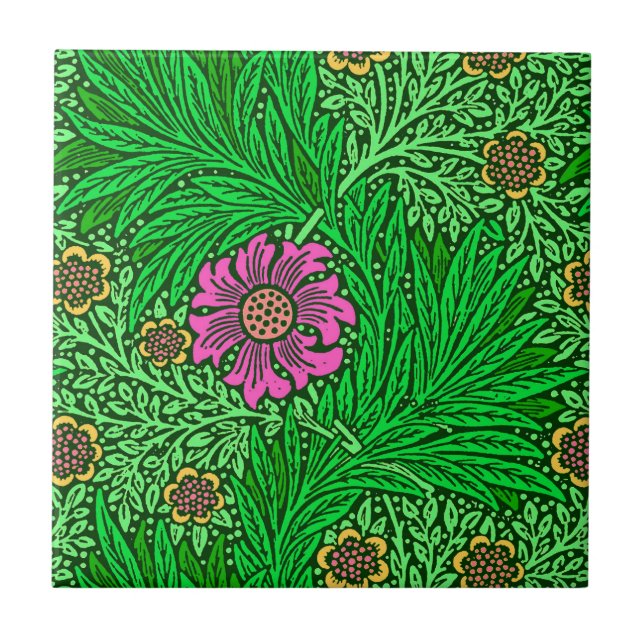 William Morris ringblomma, smaragdgrönt & Fuchsia Kakelplatta (Framsidan)
