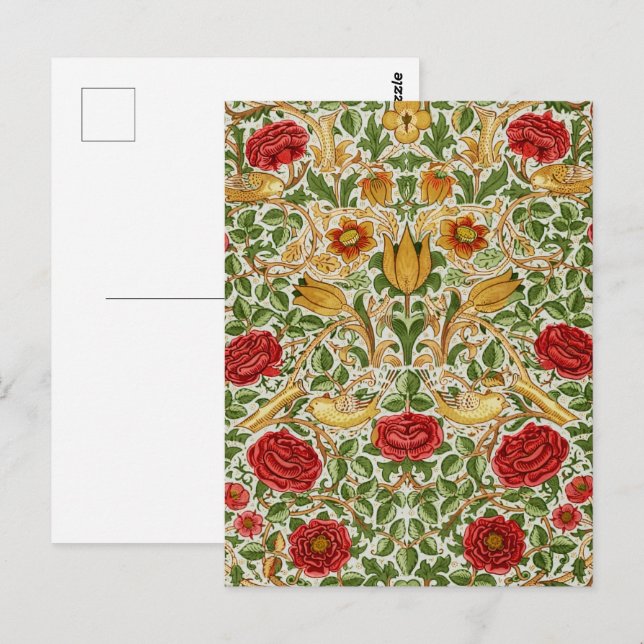 William Morris Ro & Birds Chintz Red Vykort (Fram/baksida)
