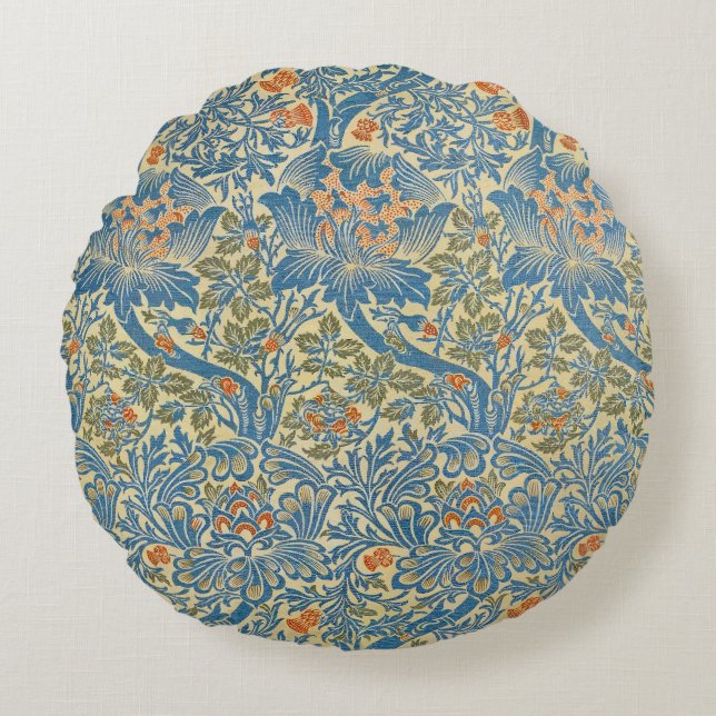 William Morris Ro & Thistle Blommigt Blue Rund Kudde (Framsidan)