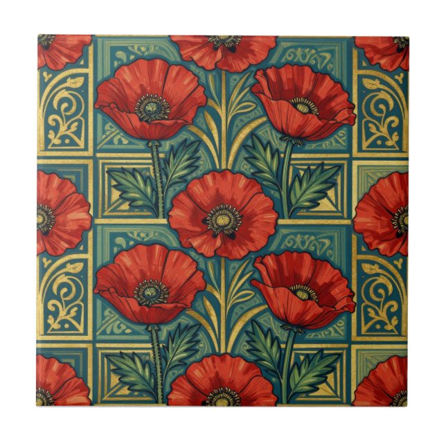 William Morris Röd Guld Vallmo geometrisk Blommig  Kakelplatta (Framsidan)