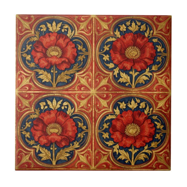 William Morris Röda Guld Vallmo geometriskt Blommi Kakelplatta (Framsidan)