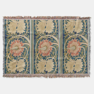 William Morris Rosa Blommig Sidenbroderi Antik Filt