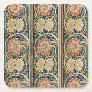 William Morris Rosa Blommig Sidenbroderi Antik Underlägg Papper Kvadrat