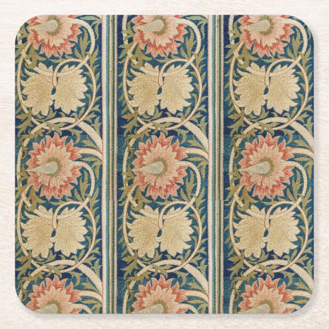 William Morris Rosa Blommig Sidenbroderi Antik Underlägg Papper Kvadrat (Framsidan)