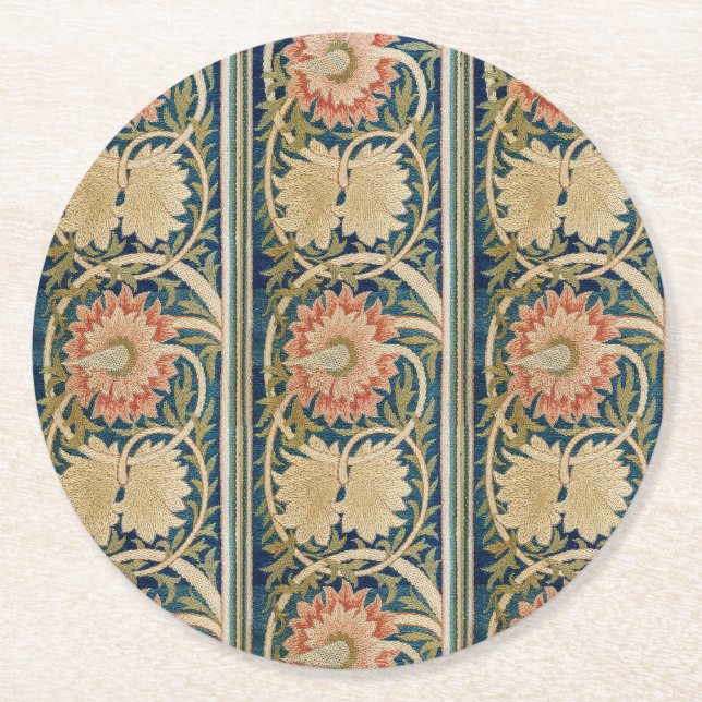 William Morris Rosa Blommig Sidenbroderi Antik Underlägg Papper Rund (Framsidan)