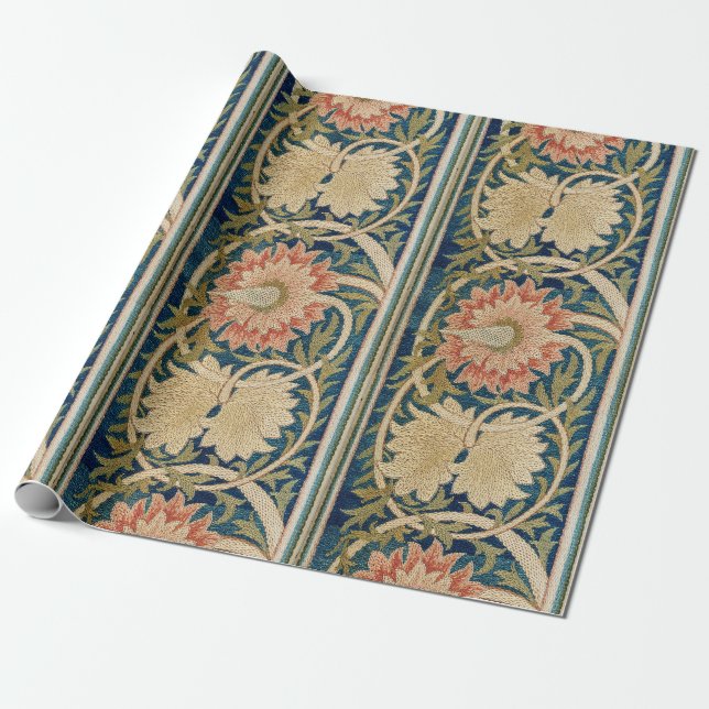 William Morris Rosa Sidenbroderi Antik Presentpapper (Utrullad)