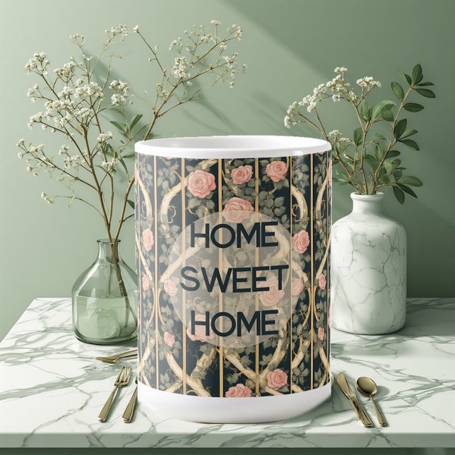 William Morris Rosa Trädgårdsställning Hemmet Är B Kaffemugg (William Morris Pink Roses Trellis Home Sweet Home Coffee Mug)