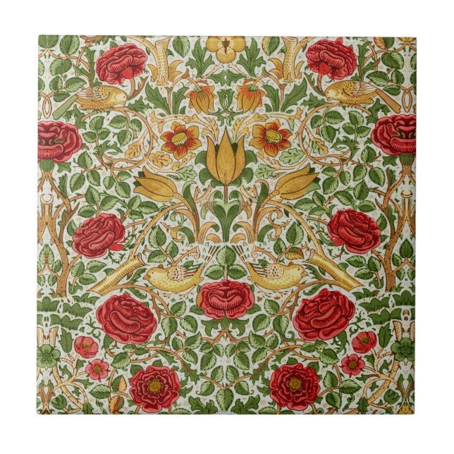 William Morris Rose & Birds Chintz Röd Kakelplatta (Framsidan)