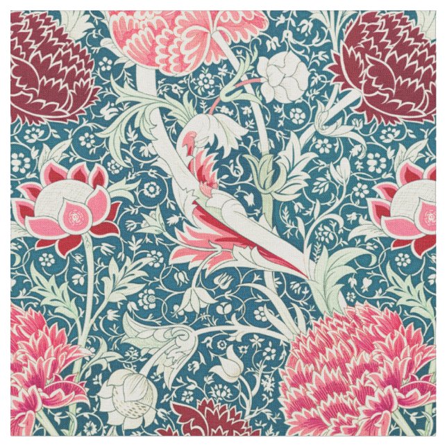 William Morris Rose Guld Grön Blå Blommönster Tyg (Närbild)