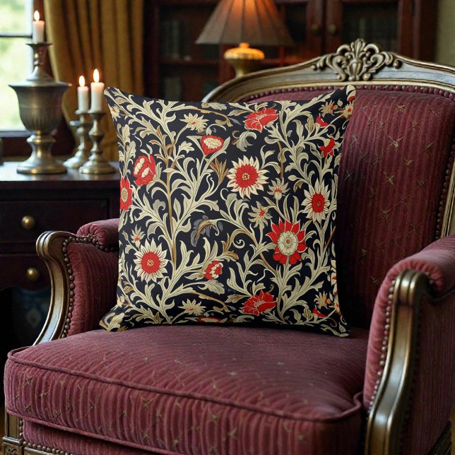 William Morris Rött Guld på Svart Blommönster Kudde (Skapare uppladdad)