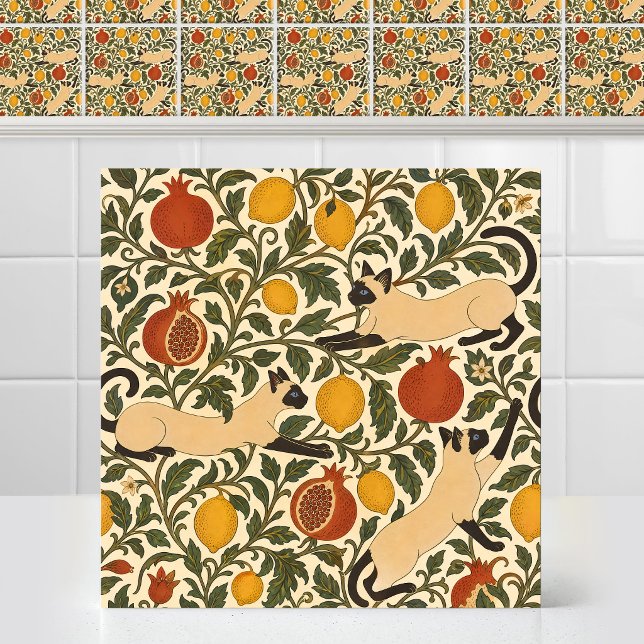 William Morris siamesiska katter Citrusfrukt Mönst Kakelplatta (Art Nouveau Antique Pattern William Morris Siamese Cats Citrus Fruit Pomegranate Ceramic Tile)