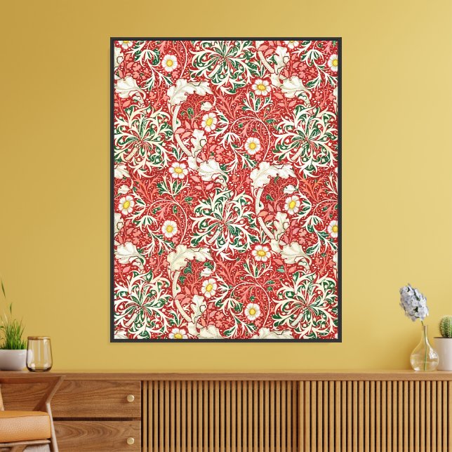 William Morris Sjögräs Antik Blomma Röd Grön Canvastryck (Insitu (Vardagsrum))