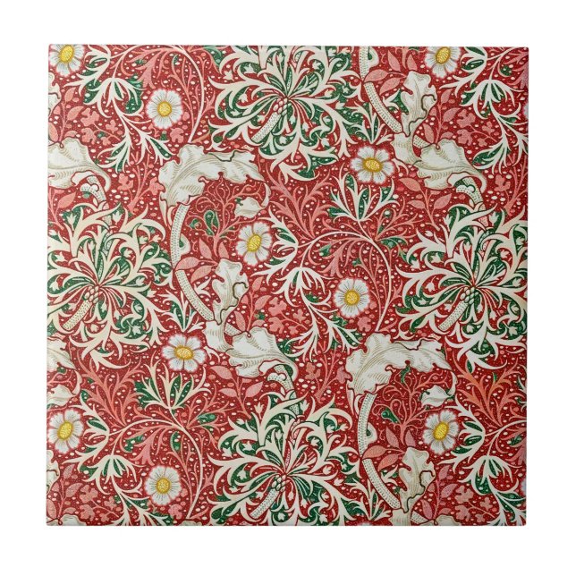 William Morris Sjögräs Antique Flower Red Grönt Kakelplatta (Framsidan)