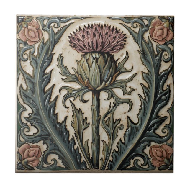 William Morris skotsk tistel vintage blom- Kakelplatta (Framsidan)
