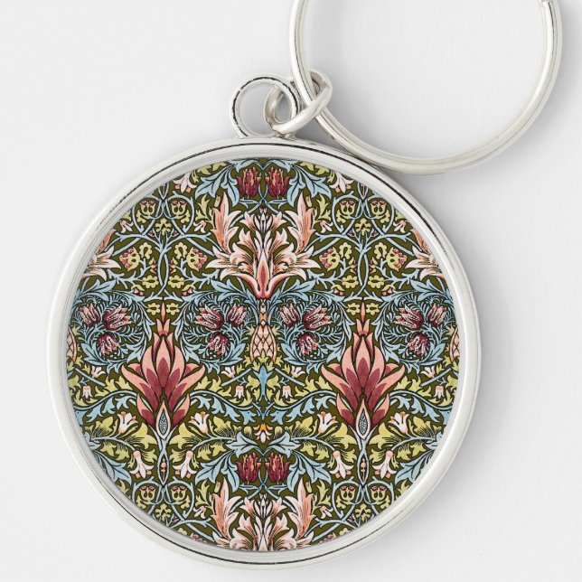 William Morris Snakeshead Blommönster Rund Silverfärgad Nyckelring (Framsidan)
