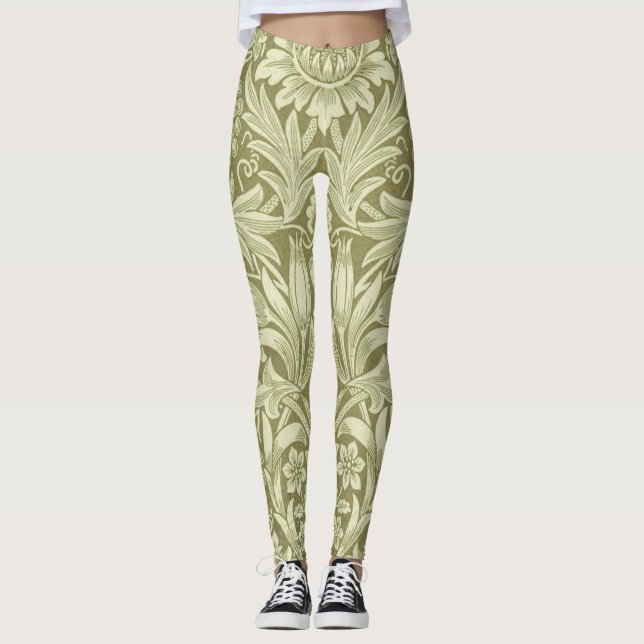 William Morris Solros Grönt Flower Leggings (Framsida)