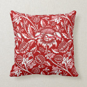 William Morris solrosor, djupt - rött och vit Kudde