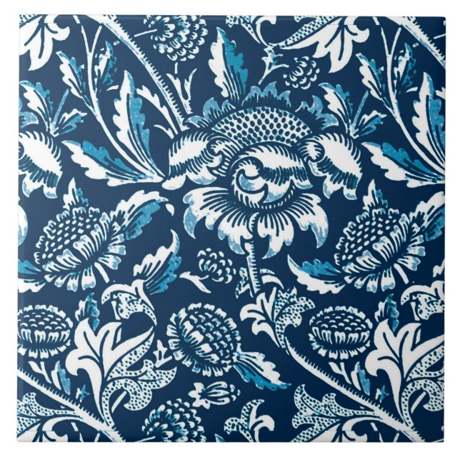 William Morris solrosor, marinblått och vit Kakelplatta (Framsidan)