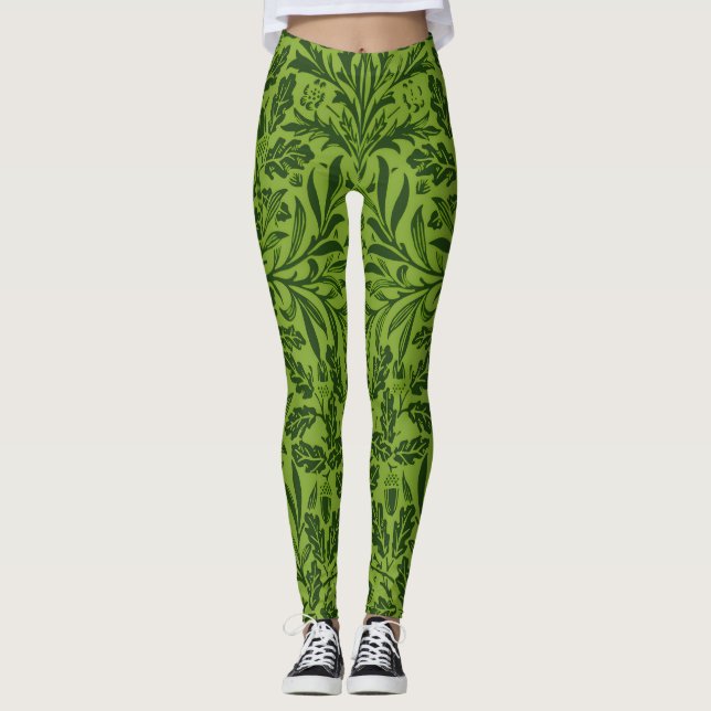 William Morris Sömlöst Grönt Ekbladsmönster Leggings (Framsida)