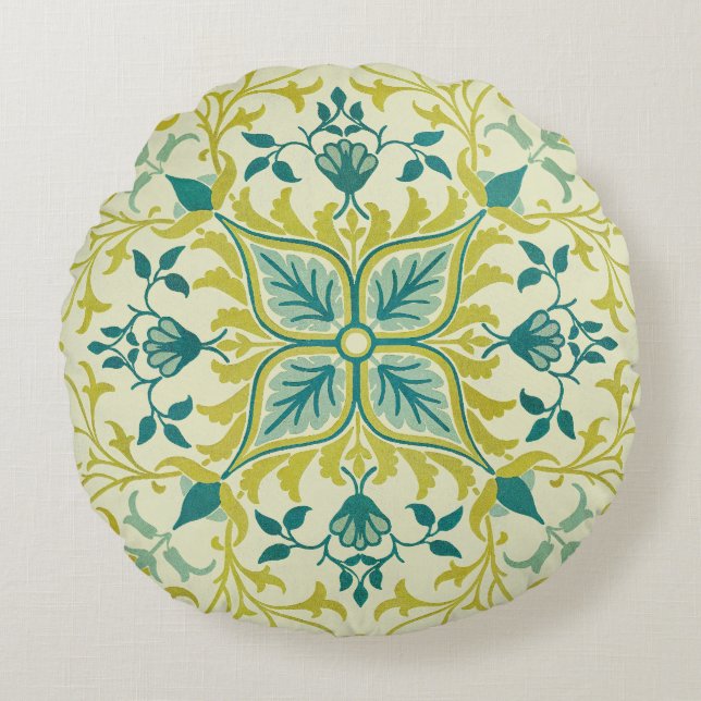 William Morris Sömlöst Tak Limegrönt Mönster Rund Kudde (Framsidan)