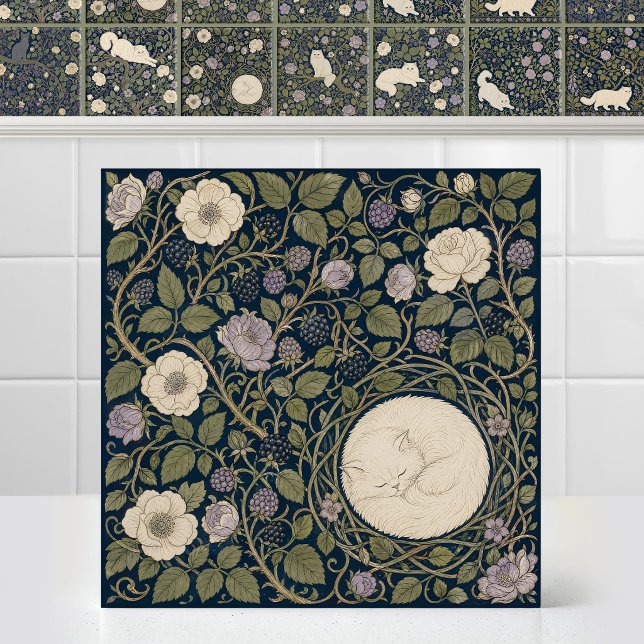 William Morris Sövande Vit Persisk Katt Tak Kakelplatta (Antique Art Nouveau Pattern William Morris Sleeping White Persian Cat Canopy Ceramic Tile Mural)