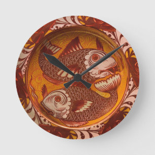 William Morris stil Arts and Crafts Röd Fisk Konst Rund Klocka