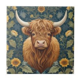 William Morris stil Highland Cow Gult Solros Kakelplatta