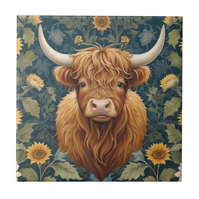 William Morris stil Highland Cow Gult Solros Kakelplatta (Framsidan)