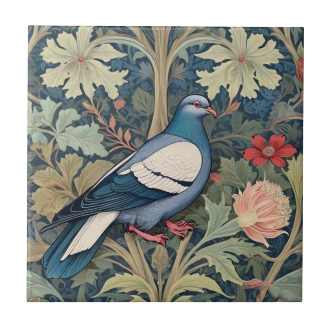 William Morris stil Höger Blommigt Pigeon Bird Kakelplatta (Framsidan)